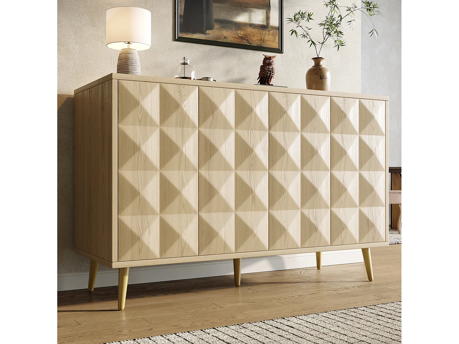 Buffet naturel avec 4 portes, étagères réglables, design de porte en relief 120×35×78 cm