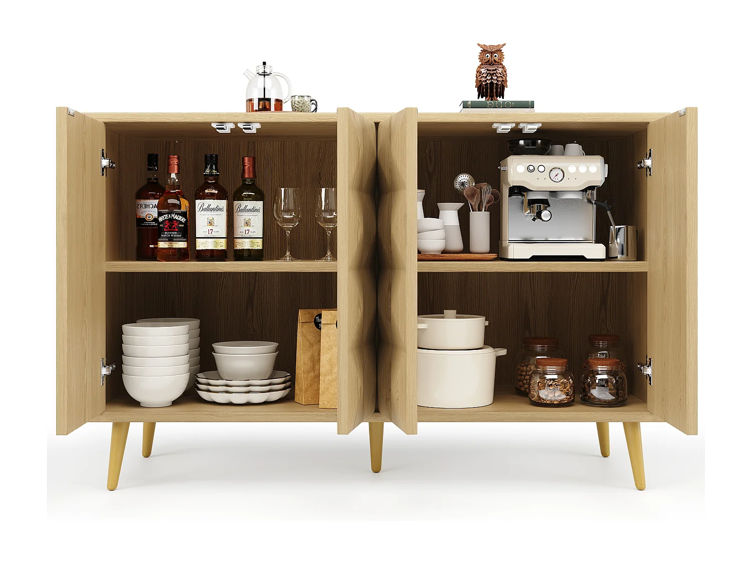 Buffet naturel avec 4 portes, étagères réglables, design de porte en relief 120×35×78 cm