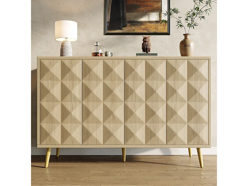 Buffet naturel avec 4 portes, étagères réglables, design de porte en relief 120×35×78 cm