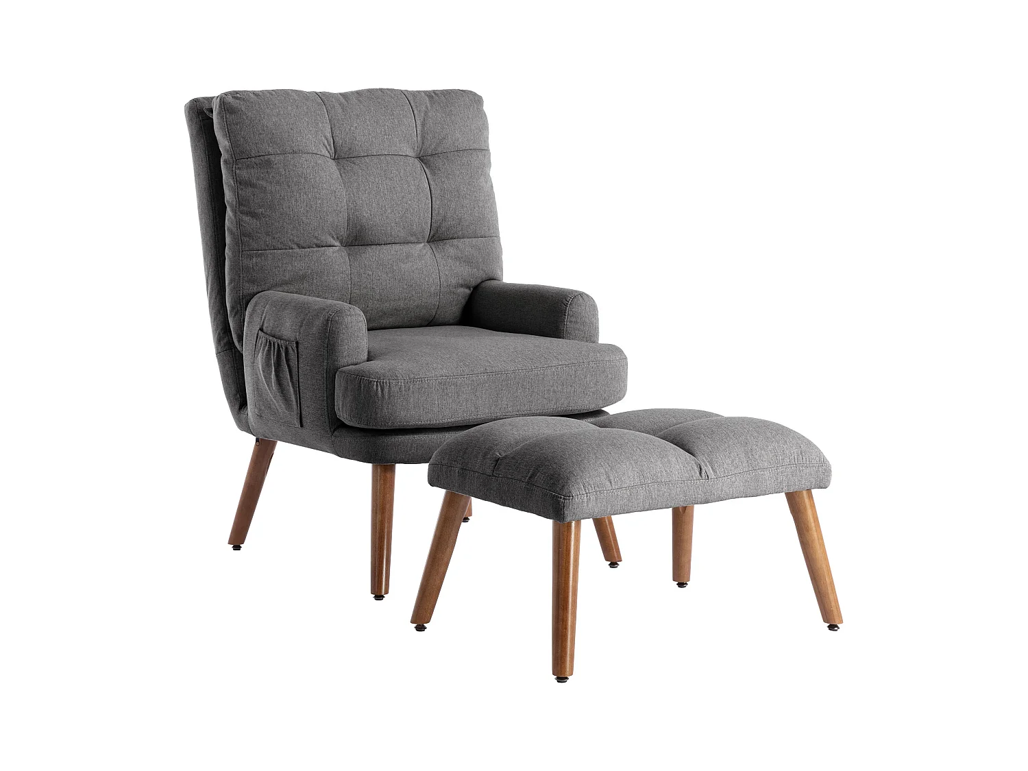 Fauteuil gris avec repose-pieds et poches latérales, dossier réglable sur 5 niveaux