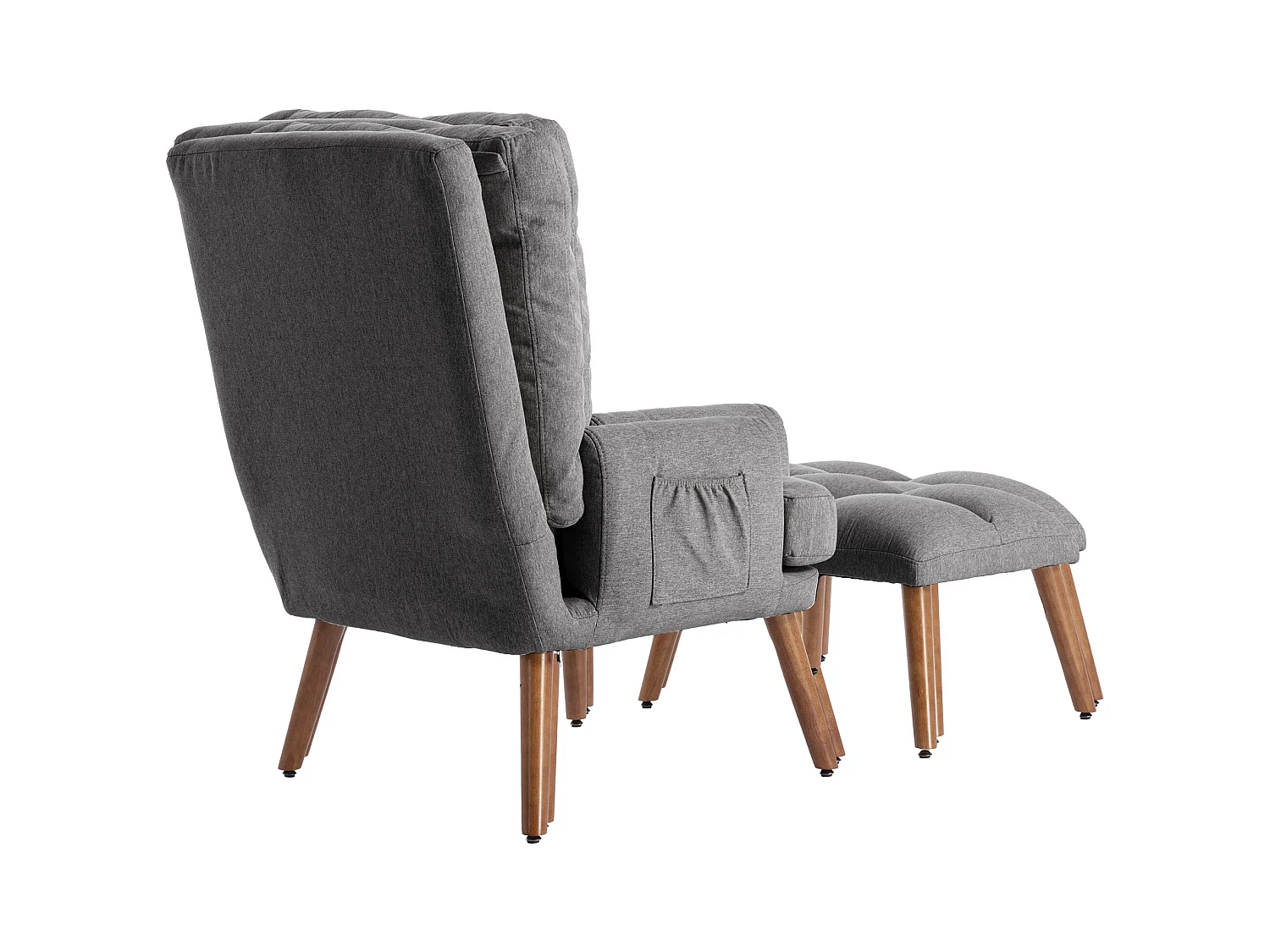 Fauteuil gris avec repose-pieds et poches latérales, dossier réglable sur 5 niveaux