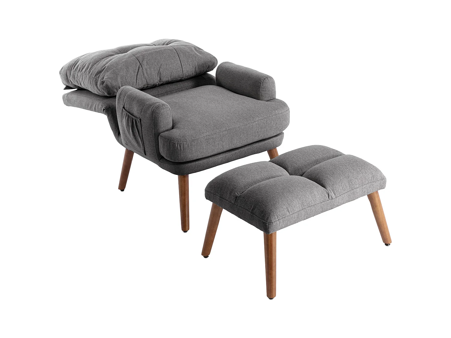 Fauteuil gris avec repose-pieds et poches latérales, dossier réglable sur 5 niveaux