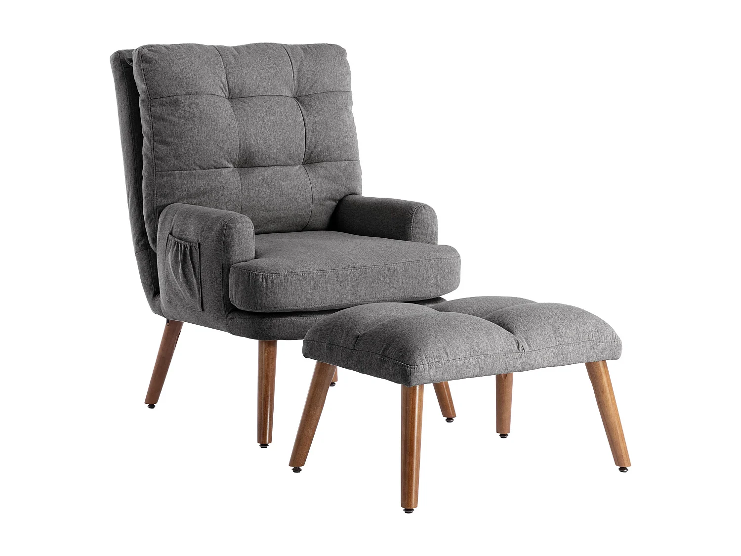 Fauteuil gris avec repose-pieds et poches latérales, dossier réglable sur 5 niveaux
