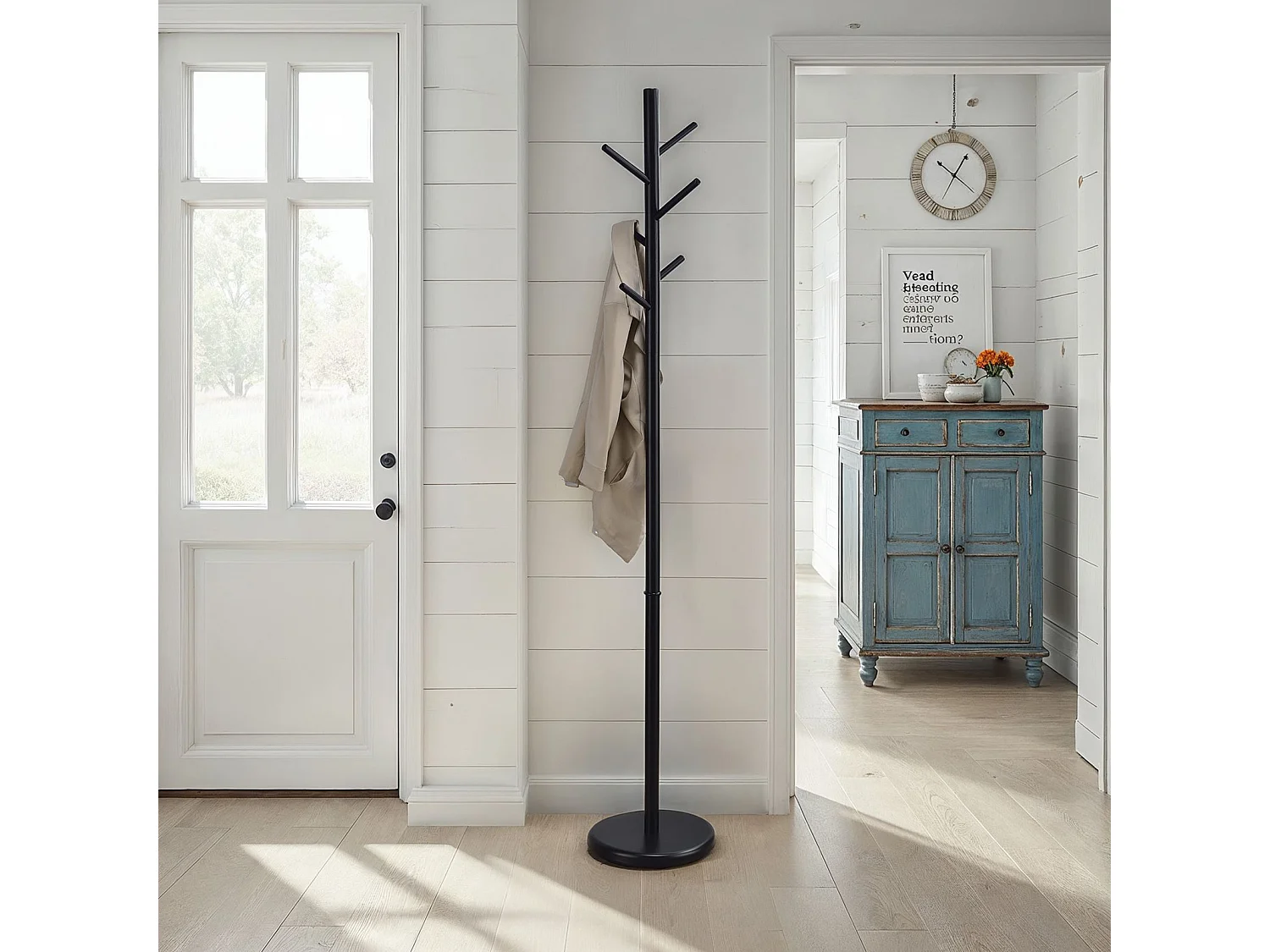 Portemanteau ENRICO en métal et bois noir portant à vêtements sur pied en forme d'arbre avec 6 crochets