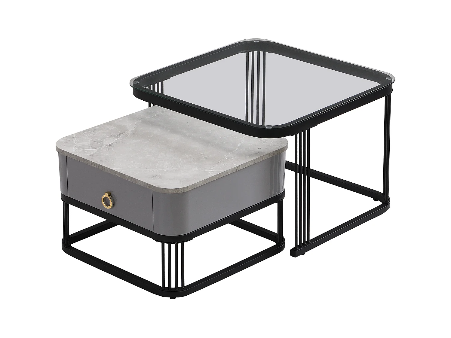 Lot de 2 table basse gigogne avec tiroir, plateaux en marbre brillant et verre, pieds noirs