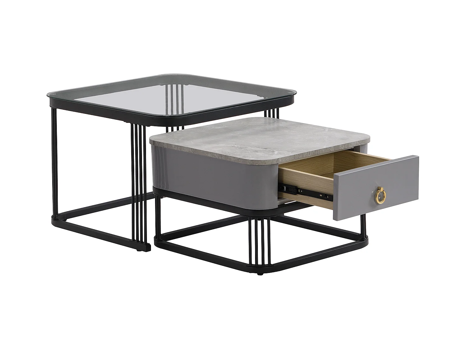 Lot de 2 table basse gigogne avec tiroir, plateaux en marbre brillant et verre, pieds noirs