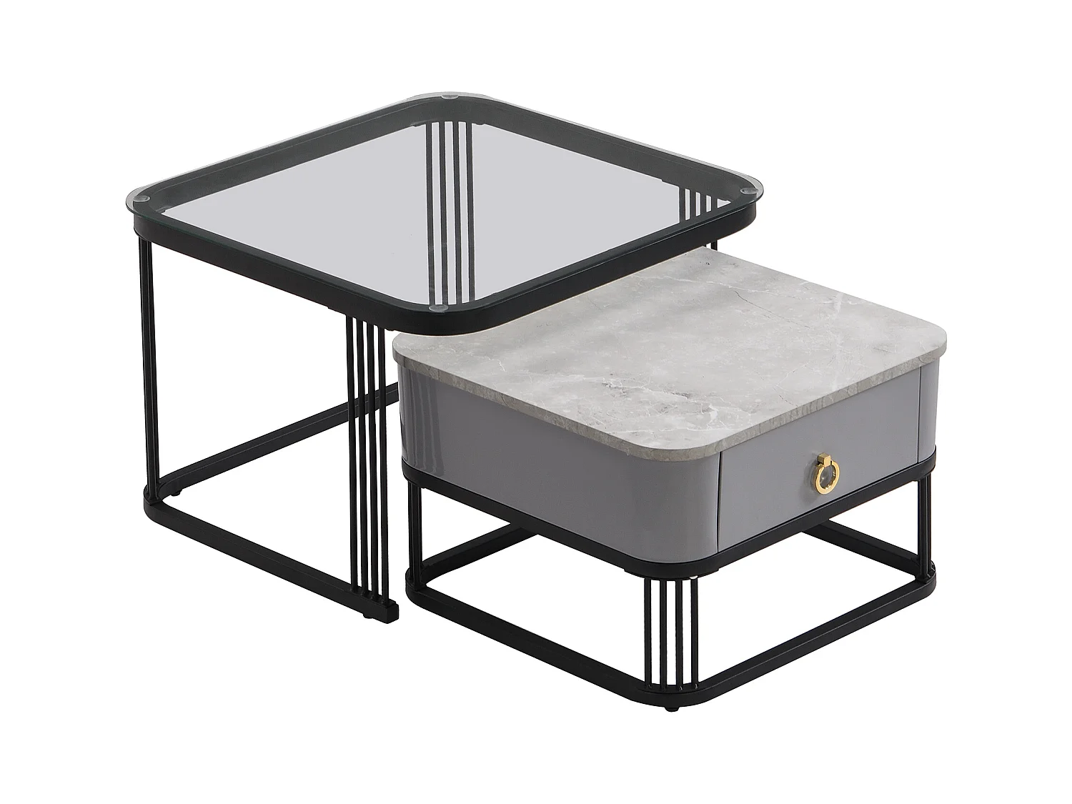 Lot de 2 table basse gigogne avec tiroir, plateaux en marbre brillant et verre, pieds noirs