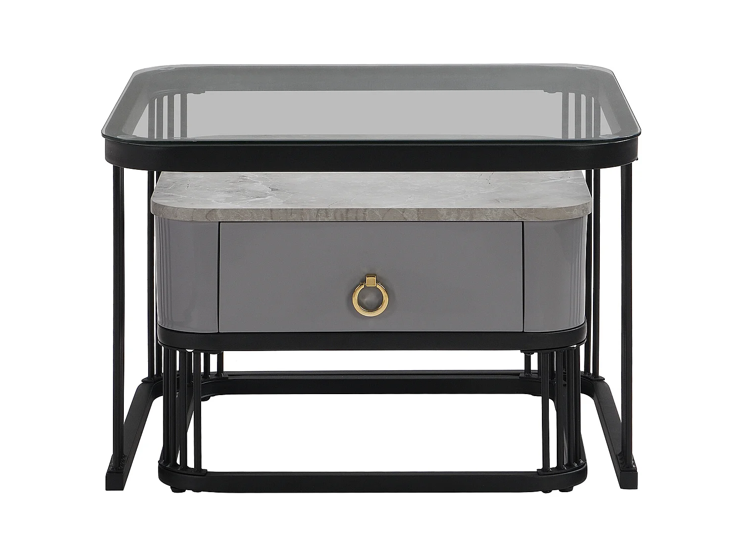 Lot de 2 table basse gigogne avec tiroir, plateaux en marbre brillant et verre, pieds noirs