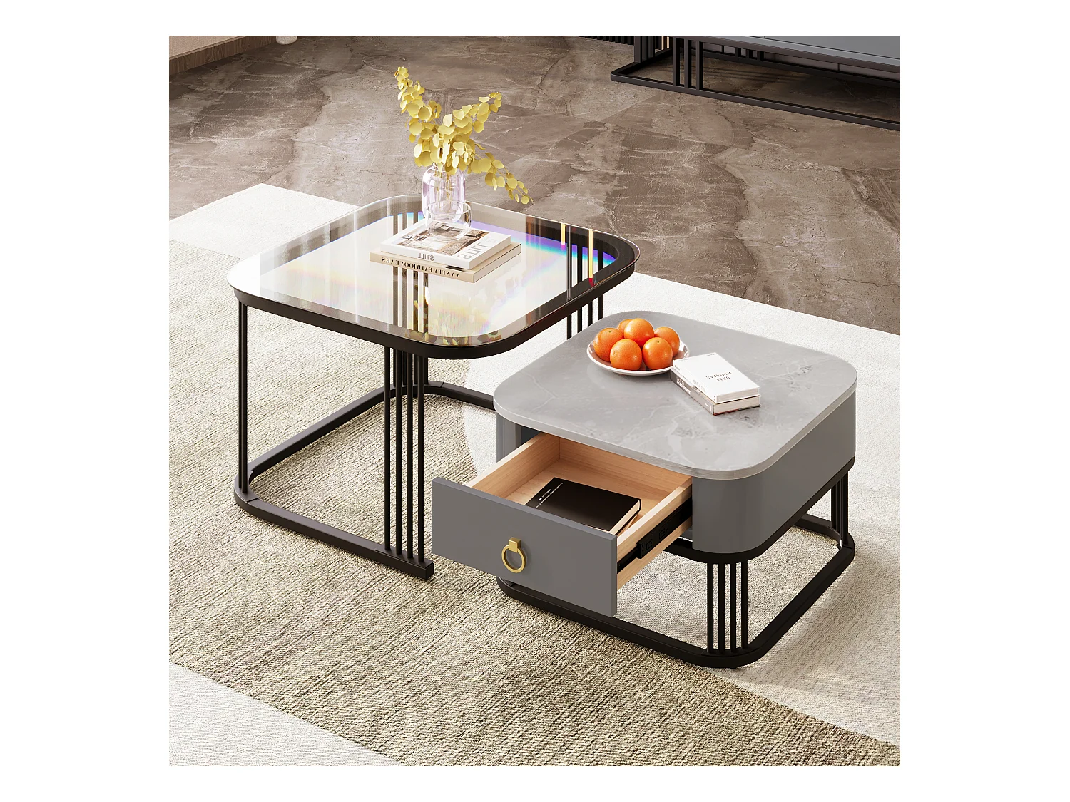 Lot de 2 table basse gigogne avec tiroir, plateaux en marbre brillant et verre, pieds noirs