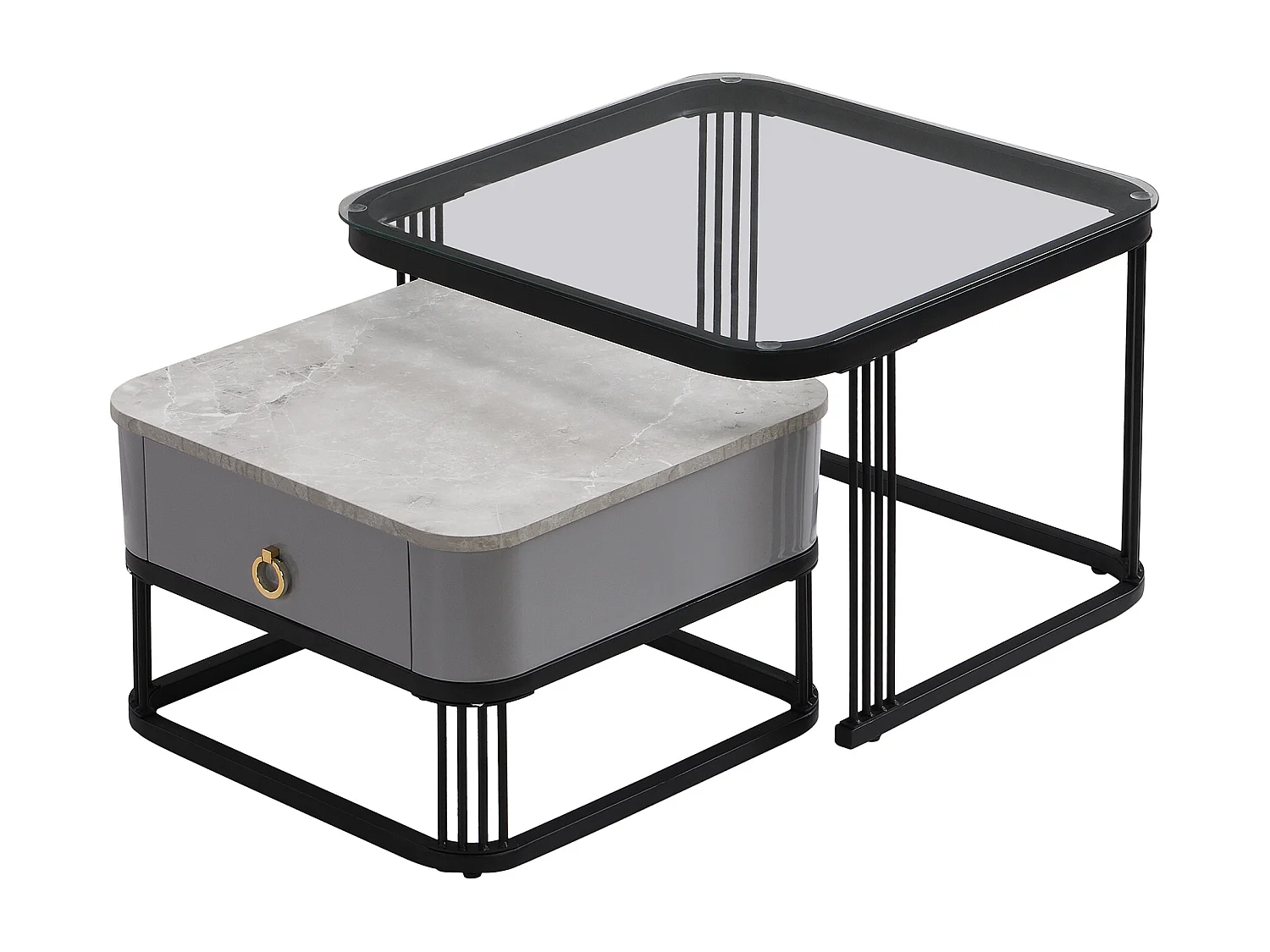 Lot de 2 table basse gigogne avec tiroir, plateaux en marbre brillant et verre, pieds noirs