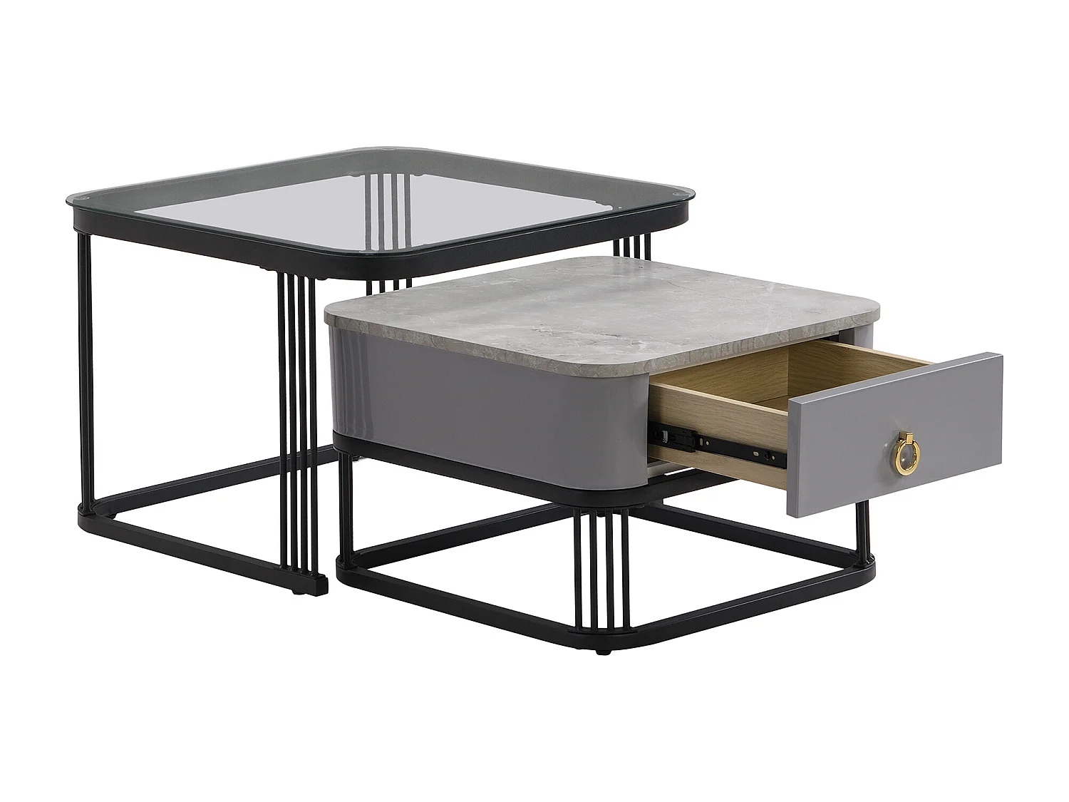 Lot de 2 table basse gigogne avec tiroir, plateaux en marbre brillant et verre, pieds noirs