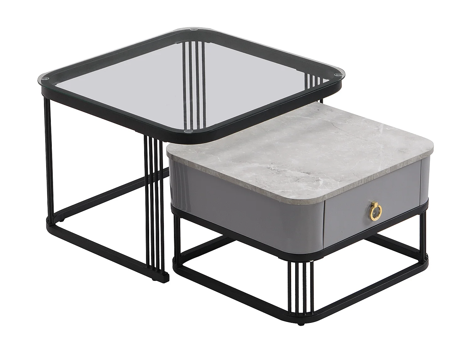 Lot de 2 table basse gigogne avec tiroir, plateaux en marbre brillant et verre, pieds noirs