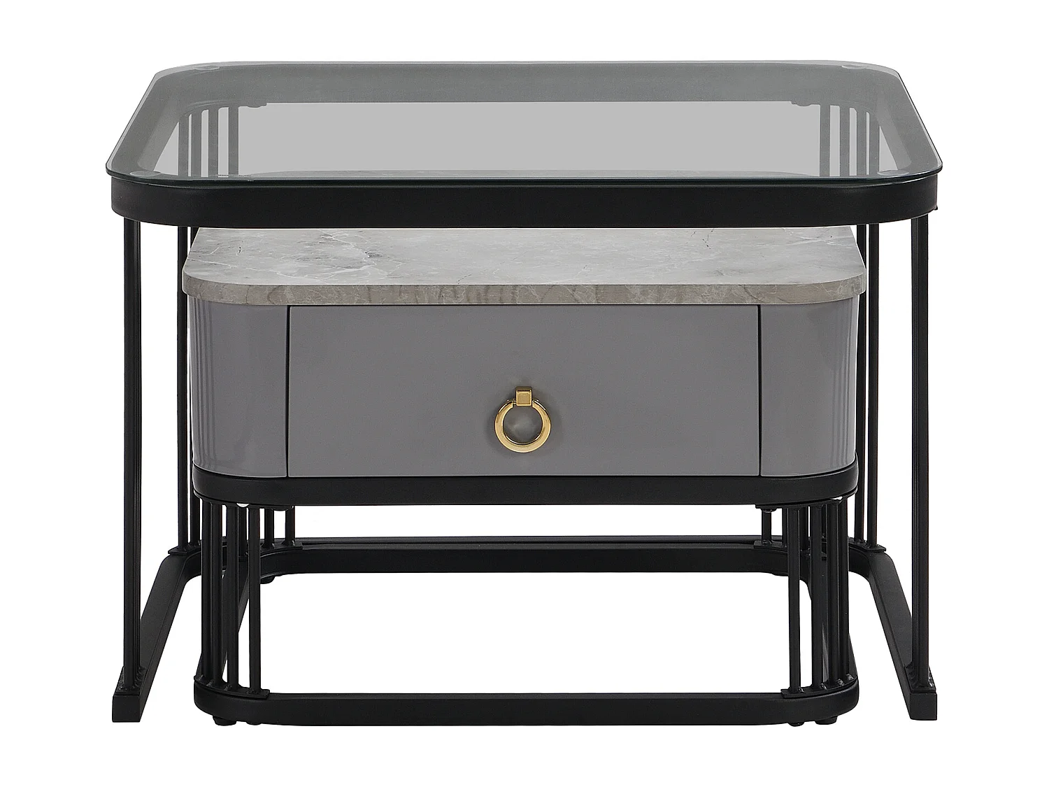 Lot de 2 table basse gigogne avec tiroir, plateaux en marbre brillant et verre, pieds noirs