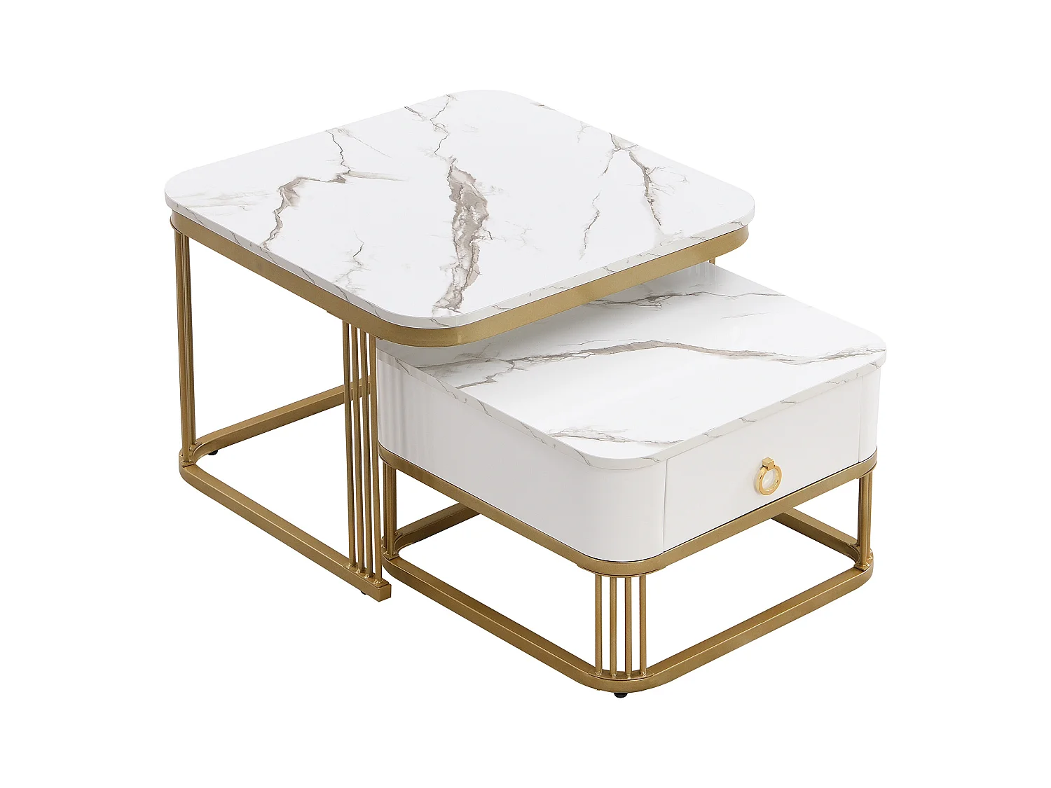 Lot de 2 tables basses carrées empilables avec tiroir, placage de marbre blanc, cadre doré