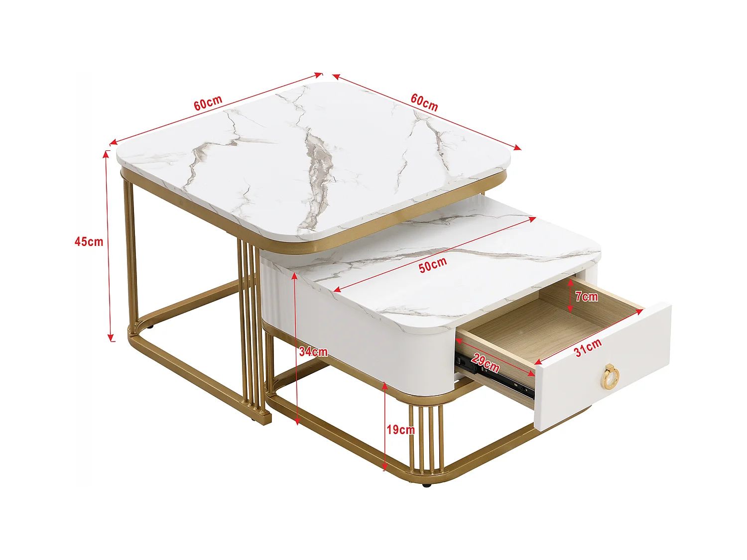 Lot de 2 tables basses carrées empilables avec tiroir, placage de marbre blanc, cadre doré