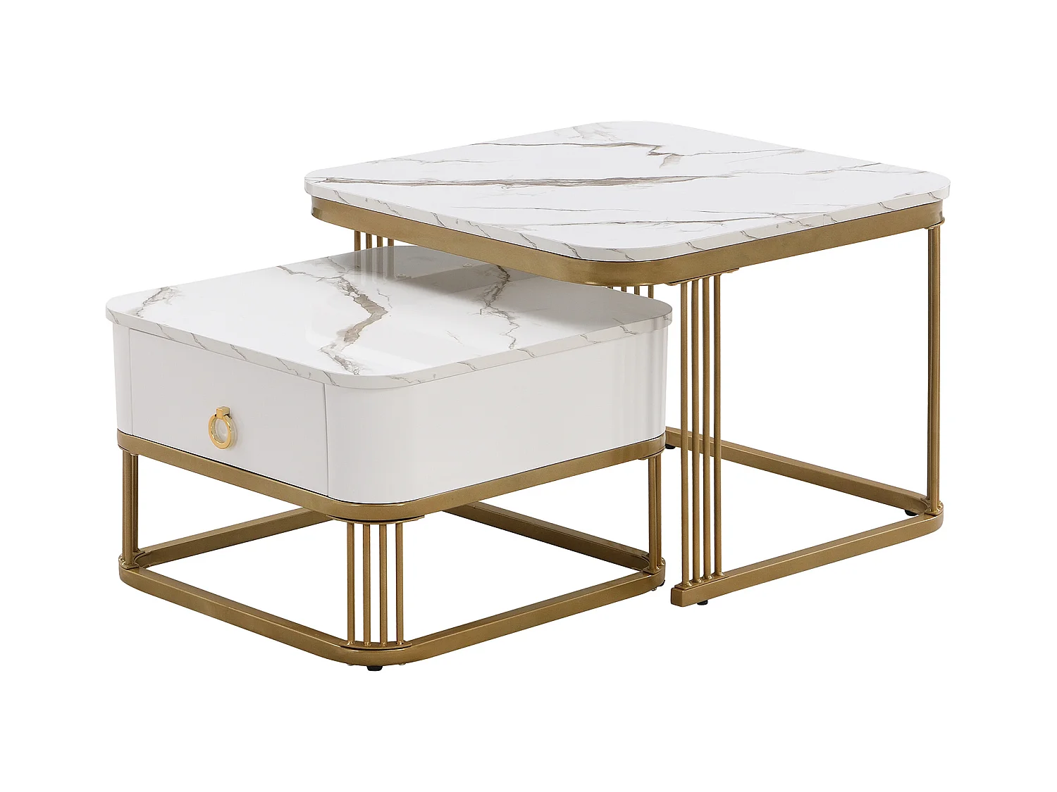 Lot de 2 tables basses carrées empilables avec tiroir, placage de marbre blanc, cadre doré