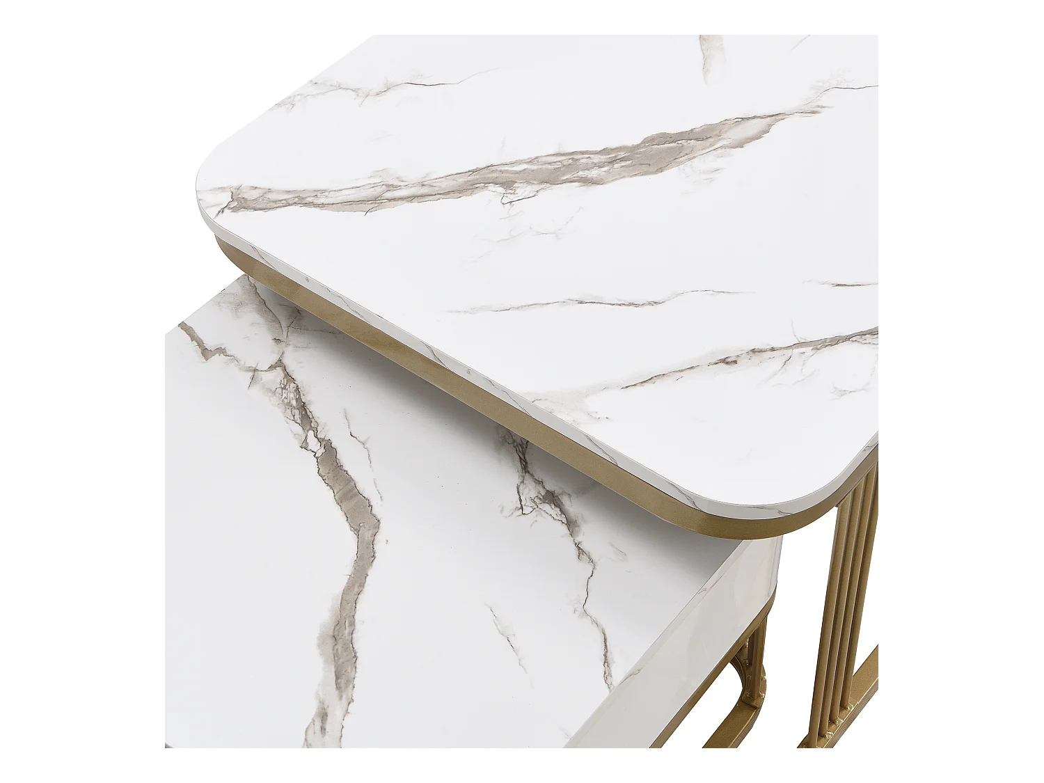 Lot de 2 tables basses carrées empilables avec tiroir, placage de marbre blanc, cadre doré
