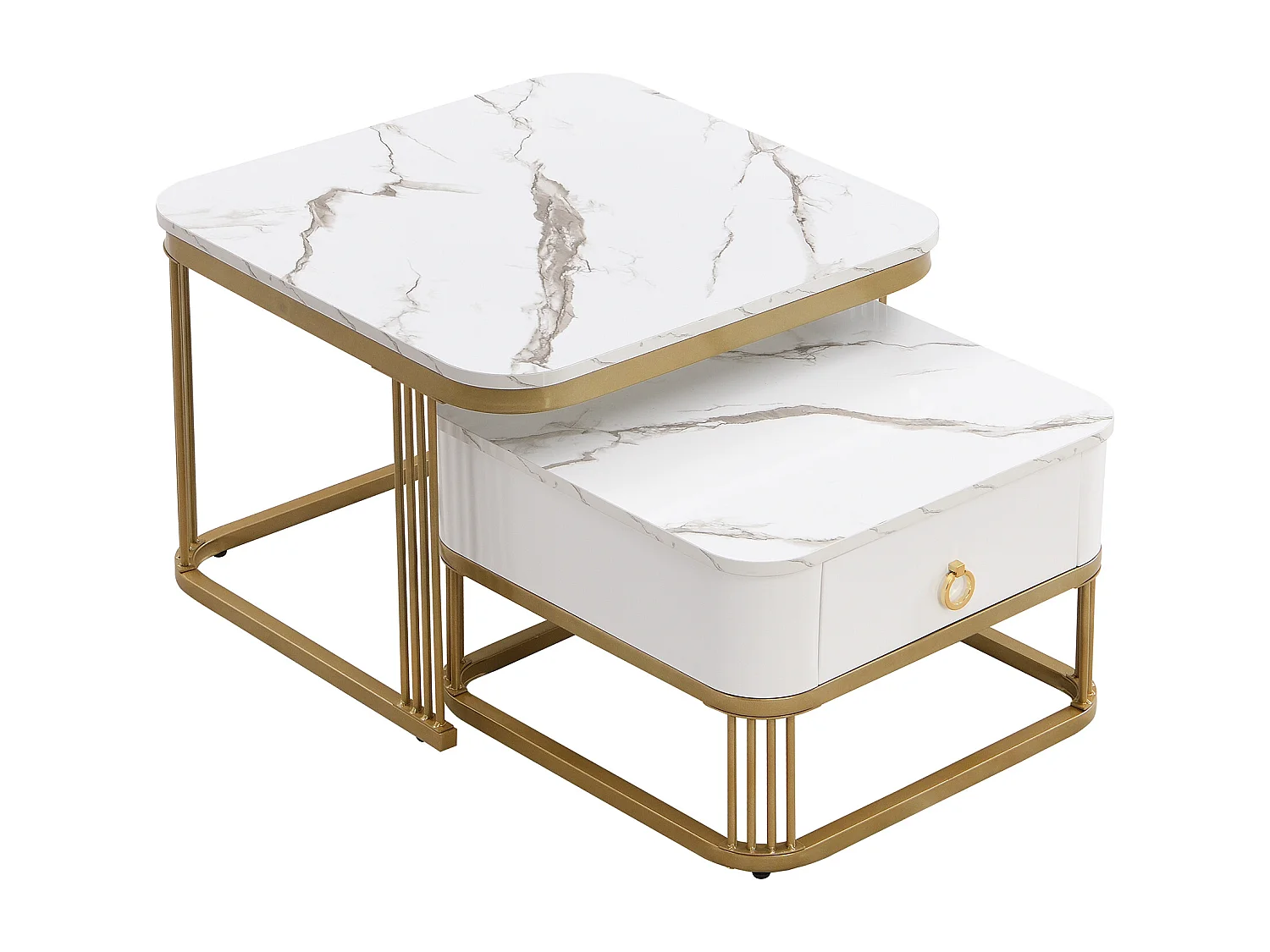 Lot de 2 tables basses carrées empilables avec tiroir, placage de marbre blanc, cadre doré