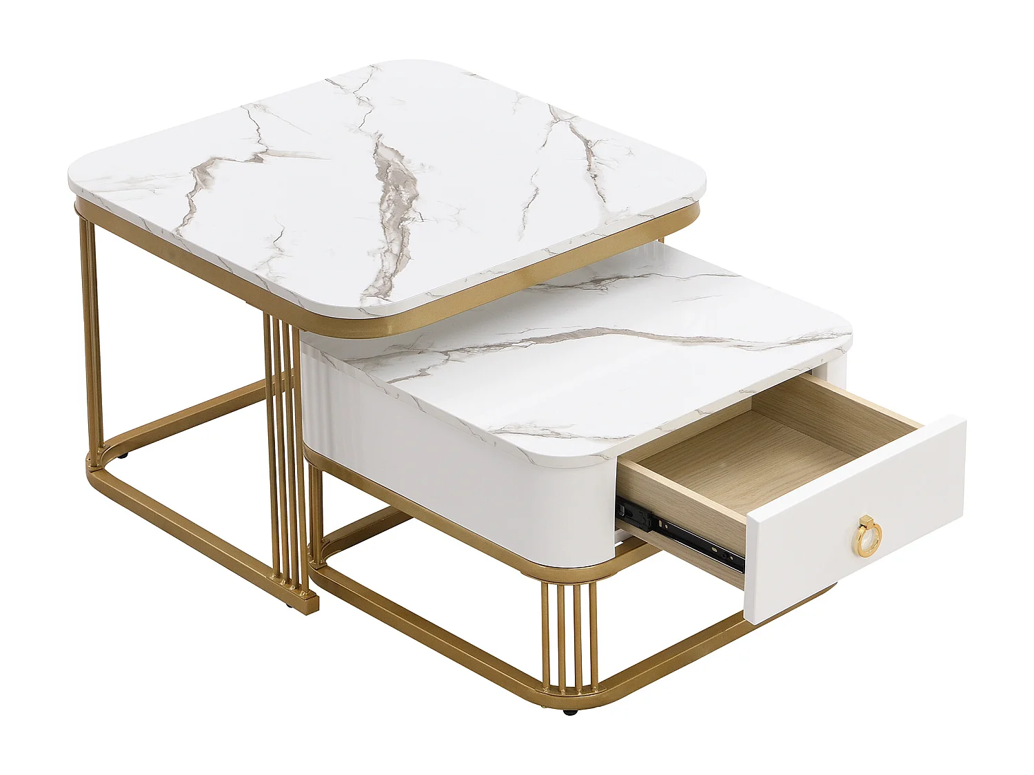 Lot de 2 tables basses carrées empilables avec tiroir, placage de marbre blanc, cadre doré