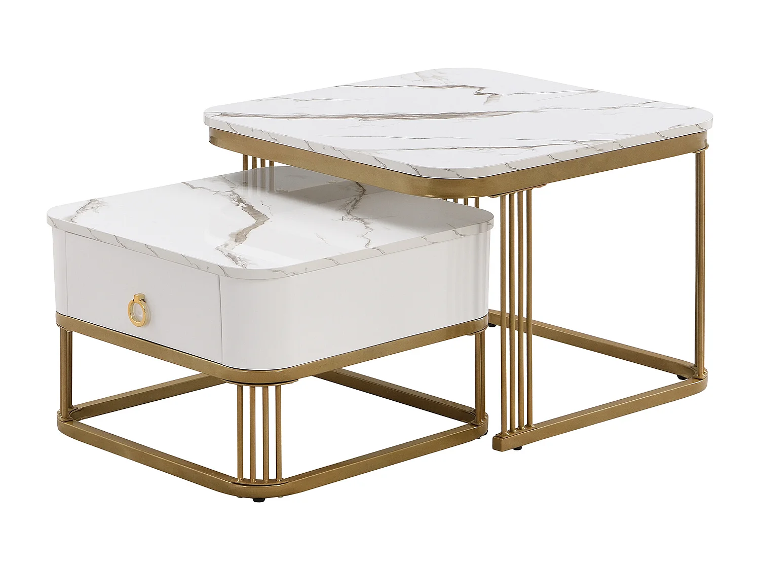 Lot de 2 tables basses carrées empilables avec tiroir, placage de marbre blanc, cadre doré
