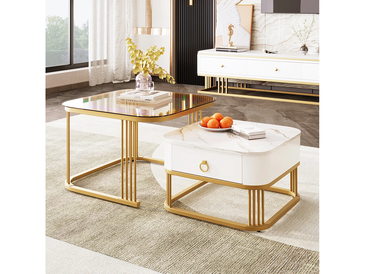 Lot de 2 table basse gigogne avec tiroir, plateaux en marbre brillant et verre, pieds doré