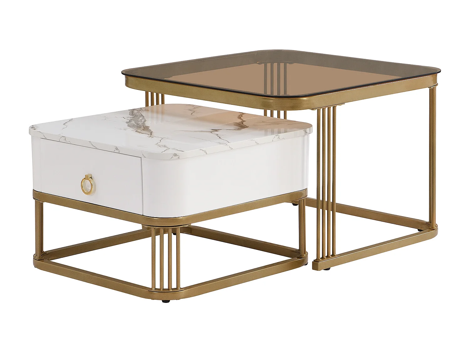Lot de 2 table basse gigogne avec tiroir, plateaux en marbre brillant et verre, pieds doré