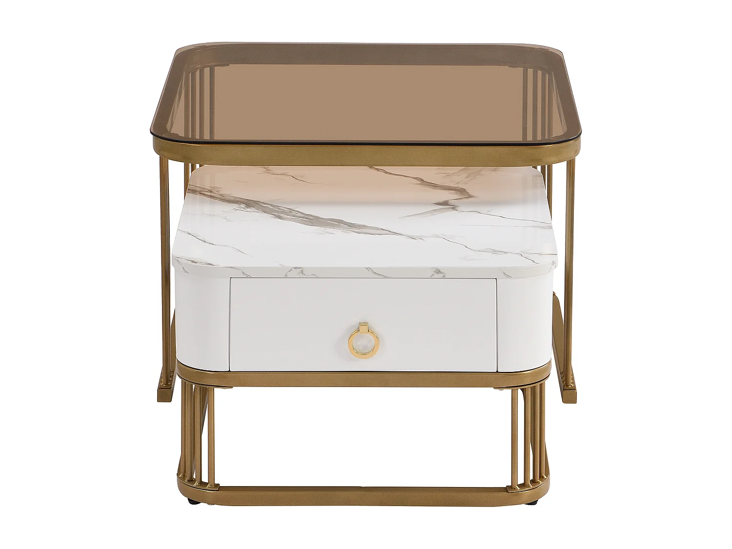 Lot de 2 table basse gigogne avec tiroir, plateaux en marbre brillant et verre, pieds doré