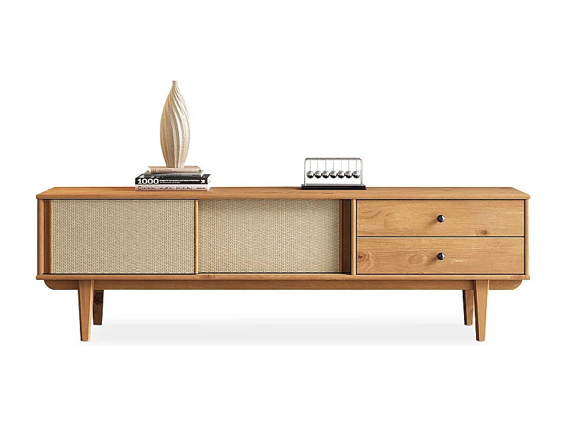 Meuble TV SIMONA L 175 cm en bois massif coloris chêne avec 2 Tiroirs 2 Portes Coulissantes, Pour téléviseur jusqu'à 75"