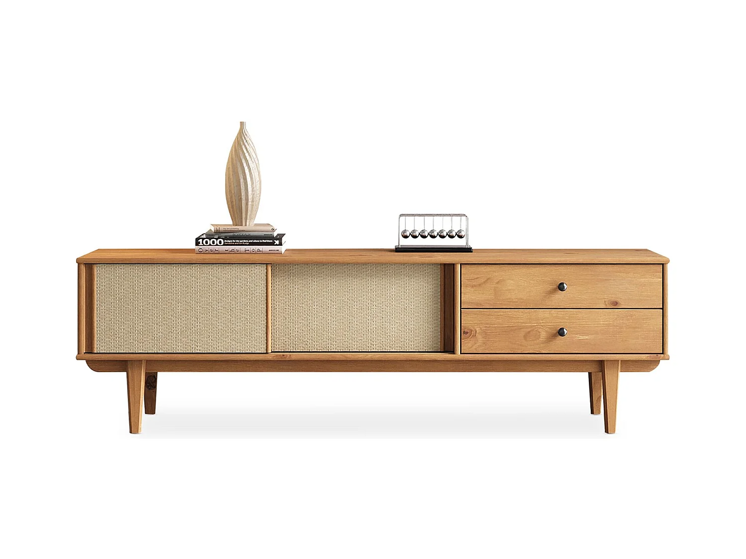 Meuble TV SIMONA L 175 cm en bois massif coloris chêne avec 2 Tiroirs 2 Portes Coulissantes, Pour téléviseur jusqu'à 75"