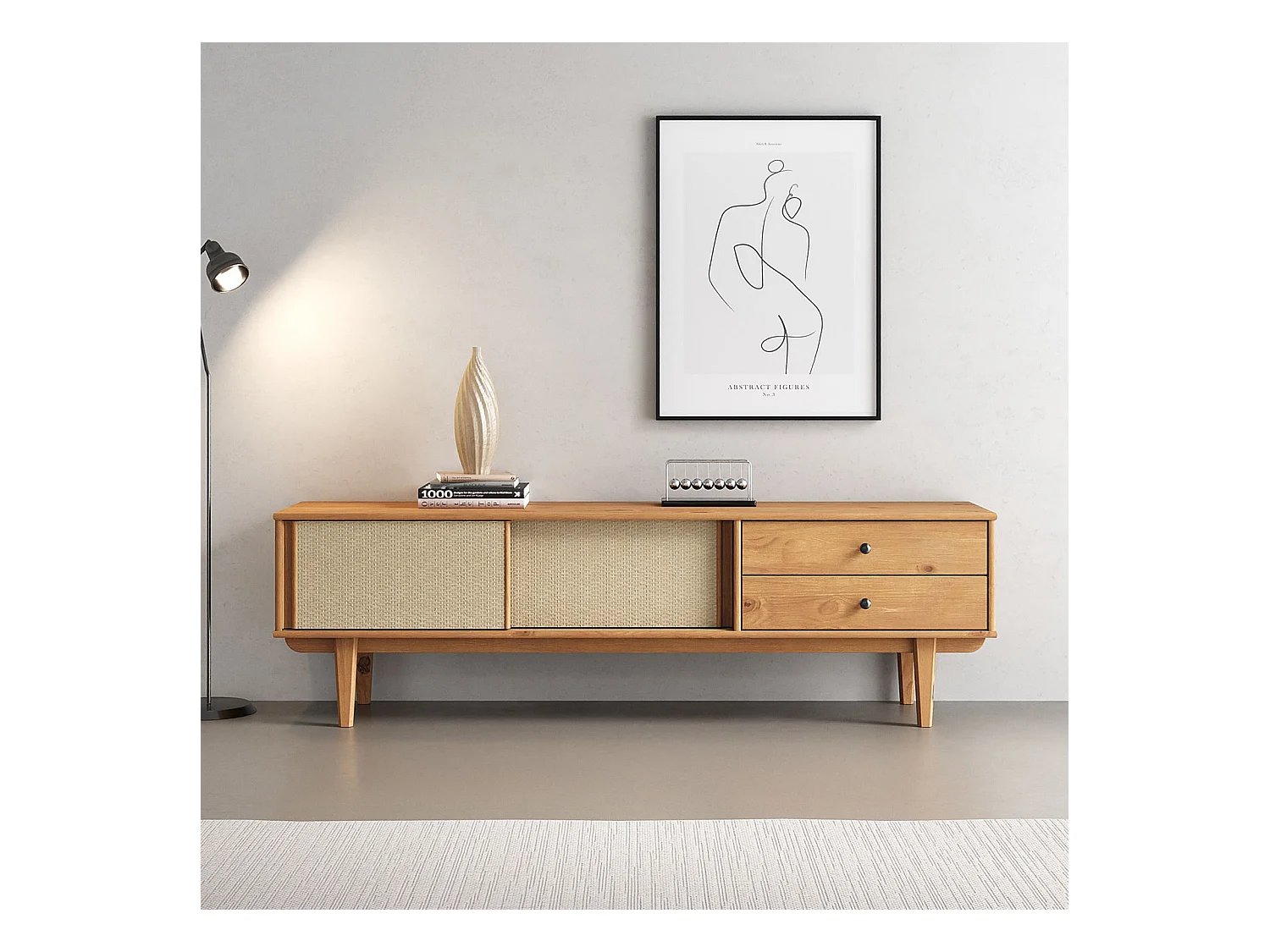 Meuble TV SIMONA L 175 cm en bois massif coloris chêne avec 2 Tiroirs 2 Portes Coulissantes, Pour téléviseur jusqu'à 75"