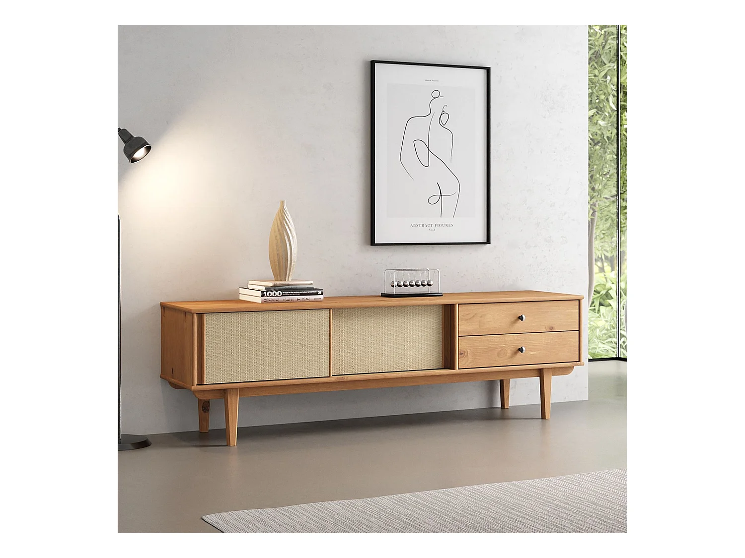 Meuble TV SIMONA L 175 cm en bois massif coloris chêne avec 2 Tiroirs 2 Portes Coulissantes, Pour téléviseur jusqu'à 75"