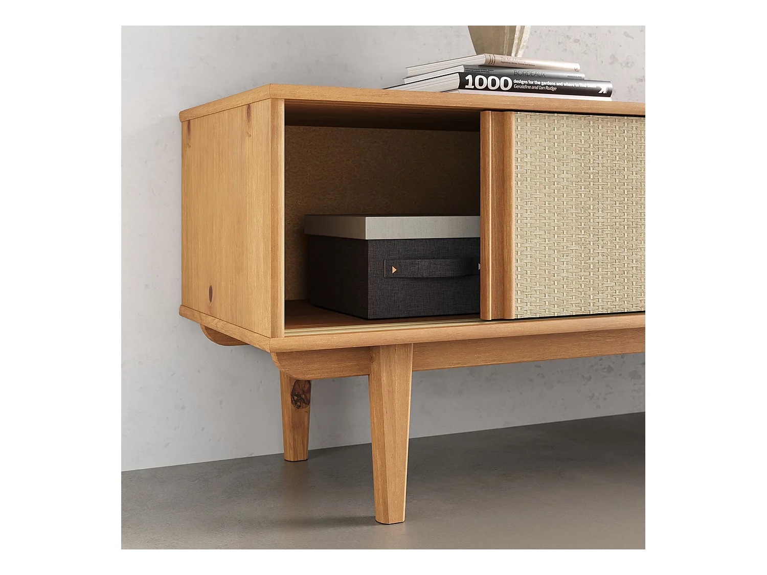 Meuble TV SIMONA L 175 cm en bois massif coloris chêne avec 2 Tiroirs 2 Portes Coulissantes, Pour téléviseur jusqu'à 75"