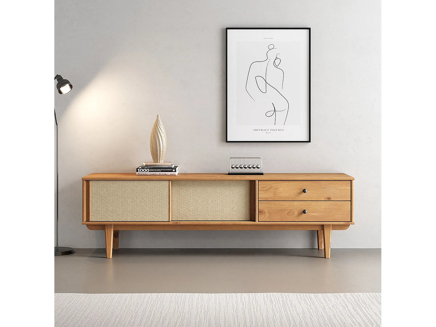 Meuble TV SIMONA L 175 cm en bois massif coloris chêne avec 2 Tiroirs 2 Portes Coulissantes, Pour téléviseur jusqu'à 75"