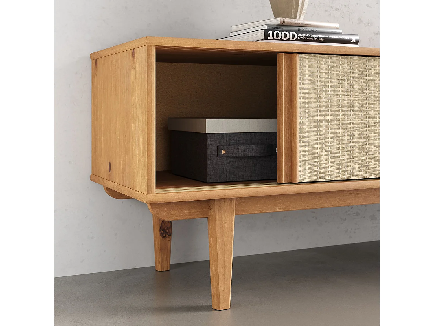 Meuble TV SIMONA L 175 cm en bois massif coloris chêne avec 2 Tiroirs 2 Portes Coulissantes, Pour téléviseur jusqu'à 75"