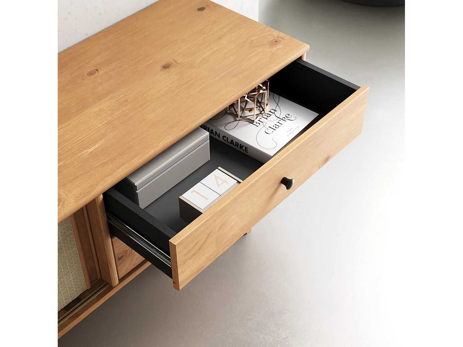 Meuble TV SIMONA L 175 cm en bois massif coloris chêne avec 2 Tiroirs 2 Portes Coulissantes, Pour téléviseur jusqu'à 75"