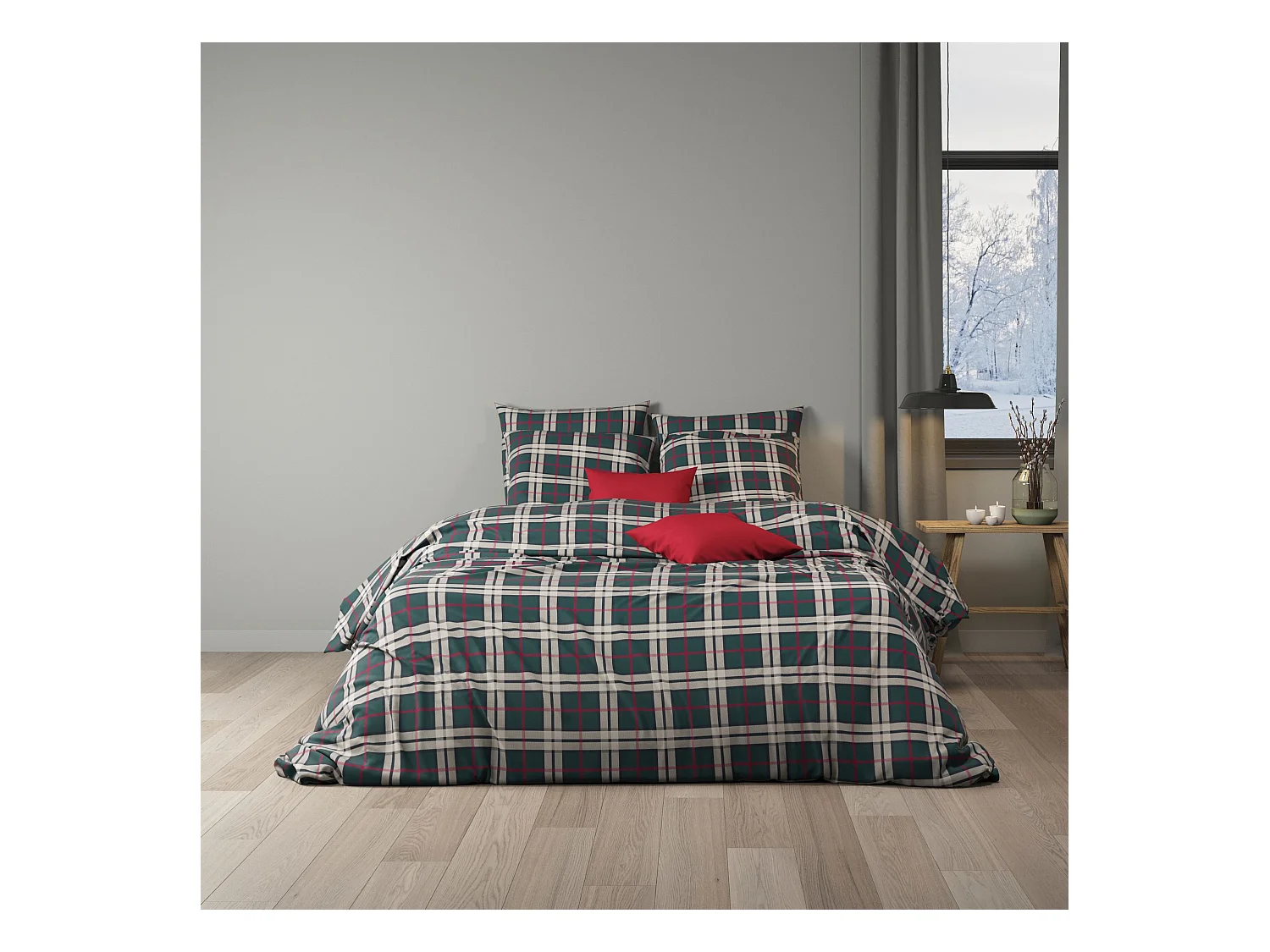 Parure de lit 200x200 flanelle à carreaux vert Terre de Nuit Noël