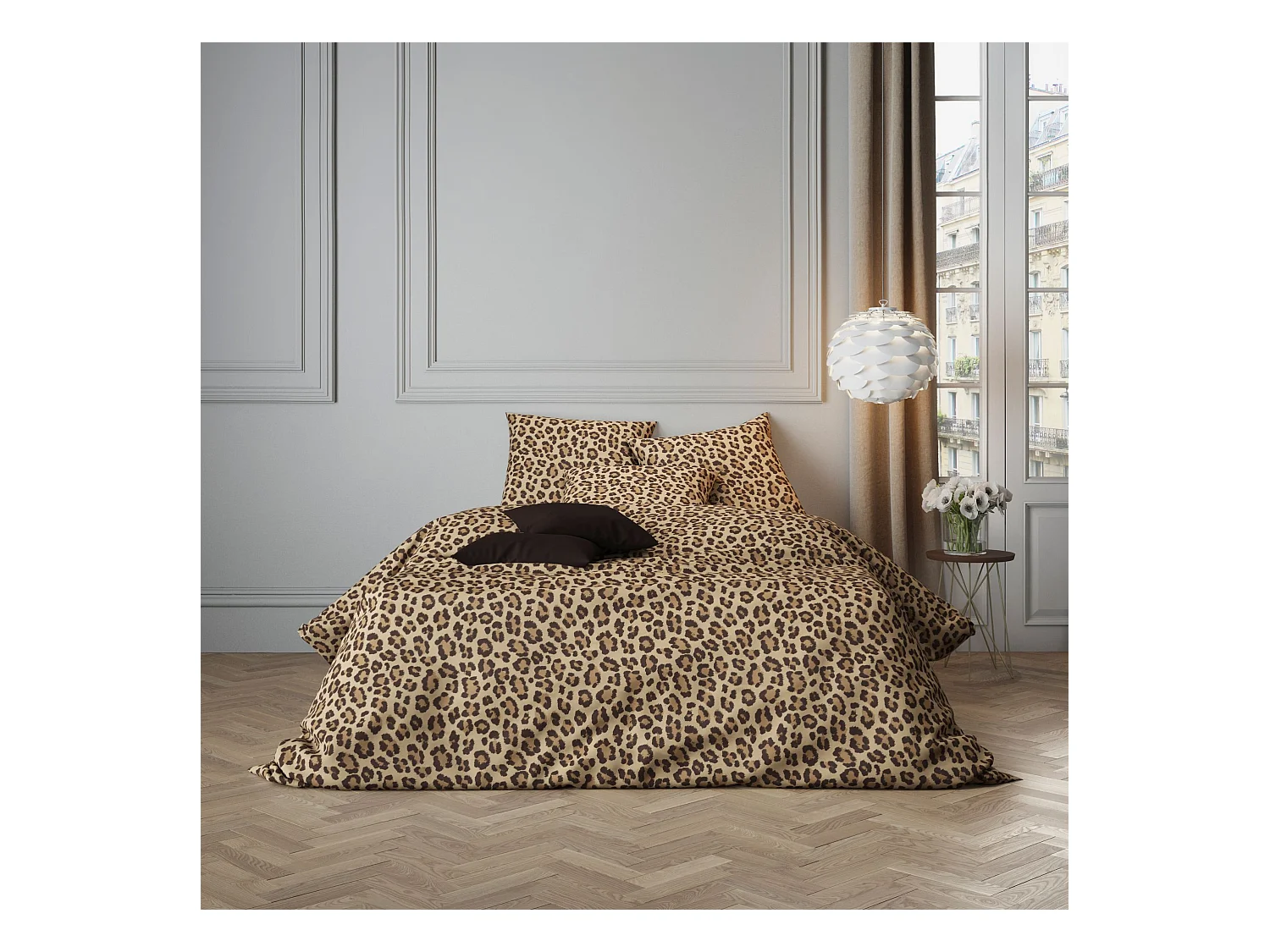 Parure de lit 140x200 satin marron Terre de Nuit Felidae