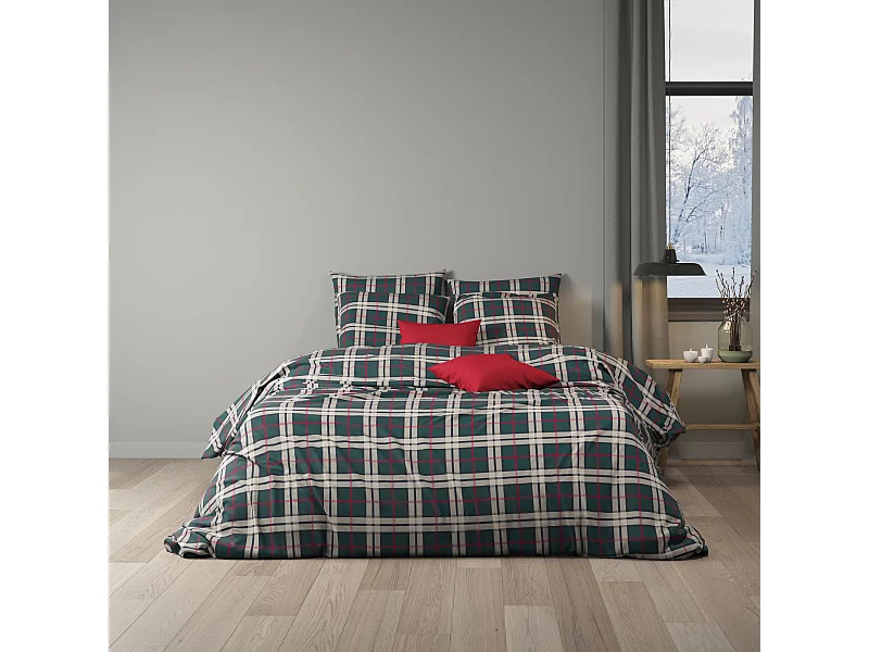 Parure de lit 140x200 flanelle à carreaux vert Terre de Nuit Noël