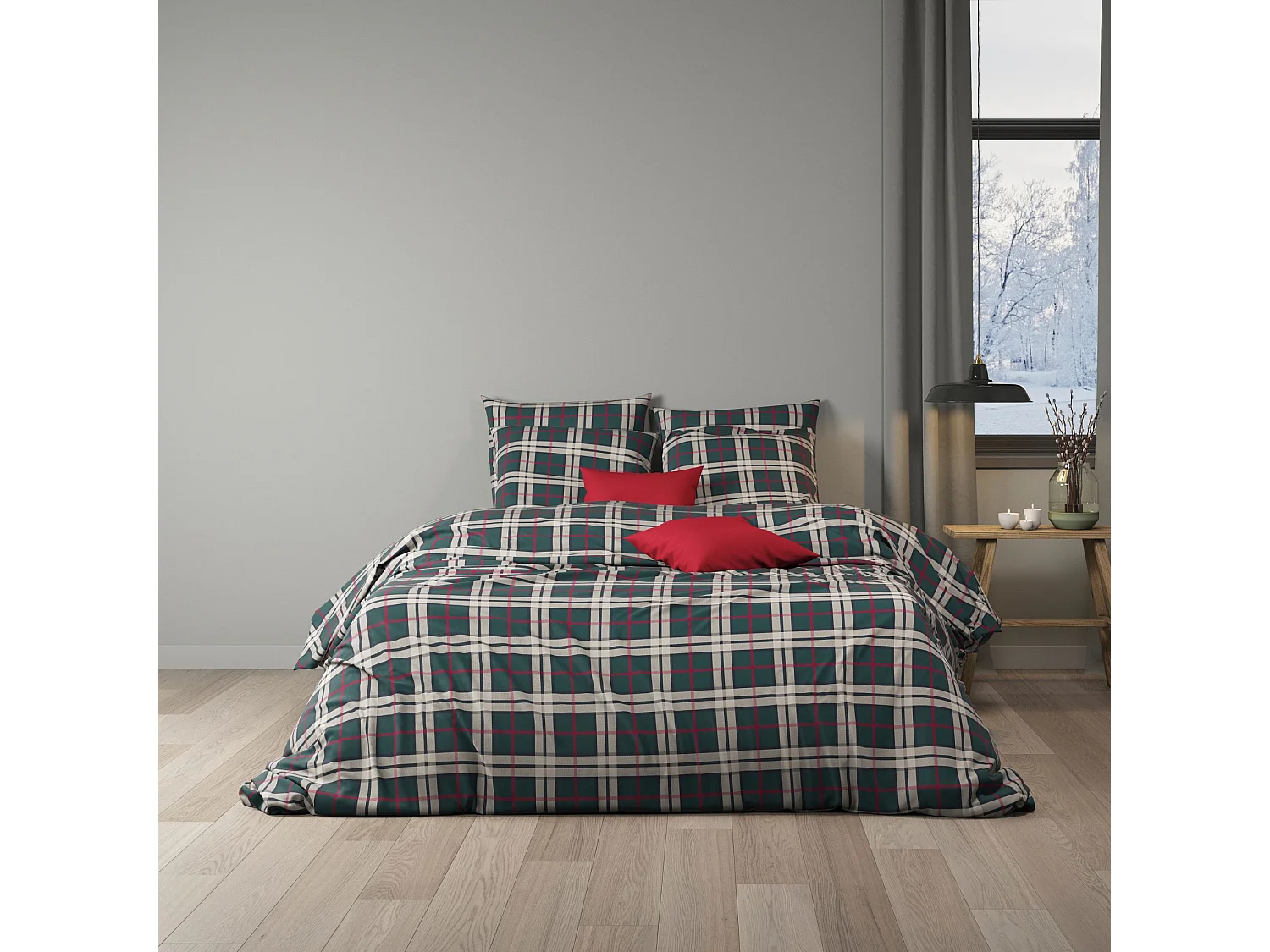 Parure de lit 140x200 flanelle à carreaux vert Terre de Nuit Noël