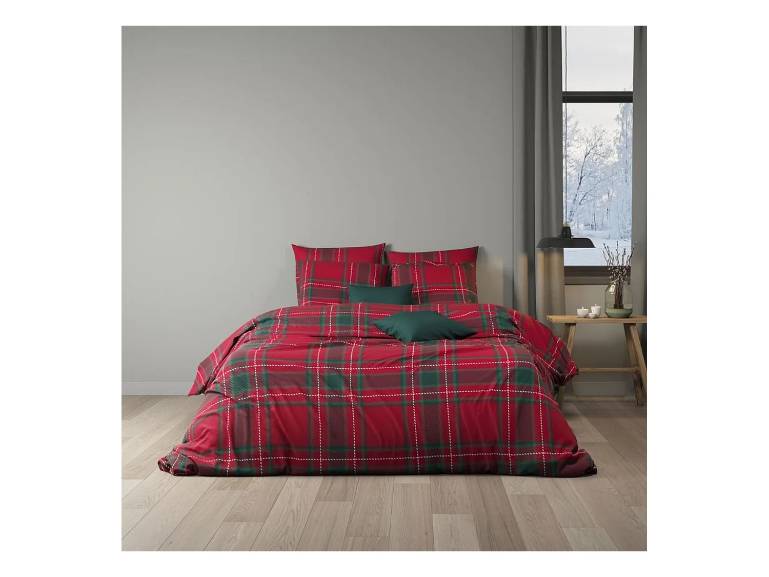 Parure de lit 240x220 flanelle à carreaux rouge Terre de Nuit Noël