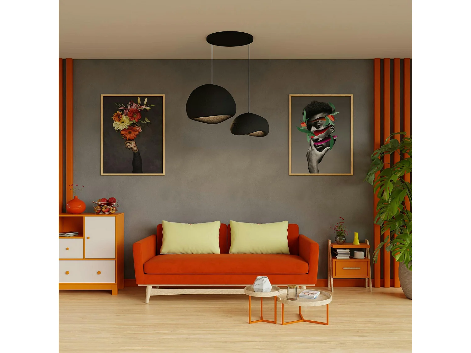 Suspension design noire 2 abat-jour wabi-sabi 75 cm NOXIS