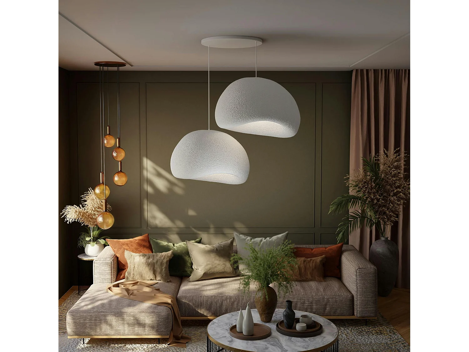 Suspension blanche design 2 abat-jour organiques 85 cm NOXIS