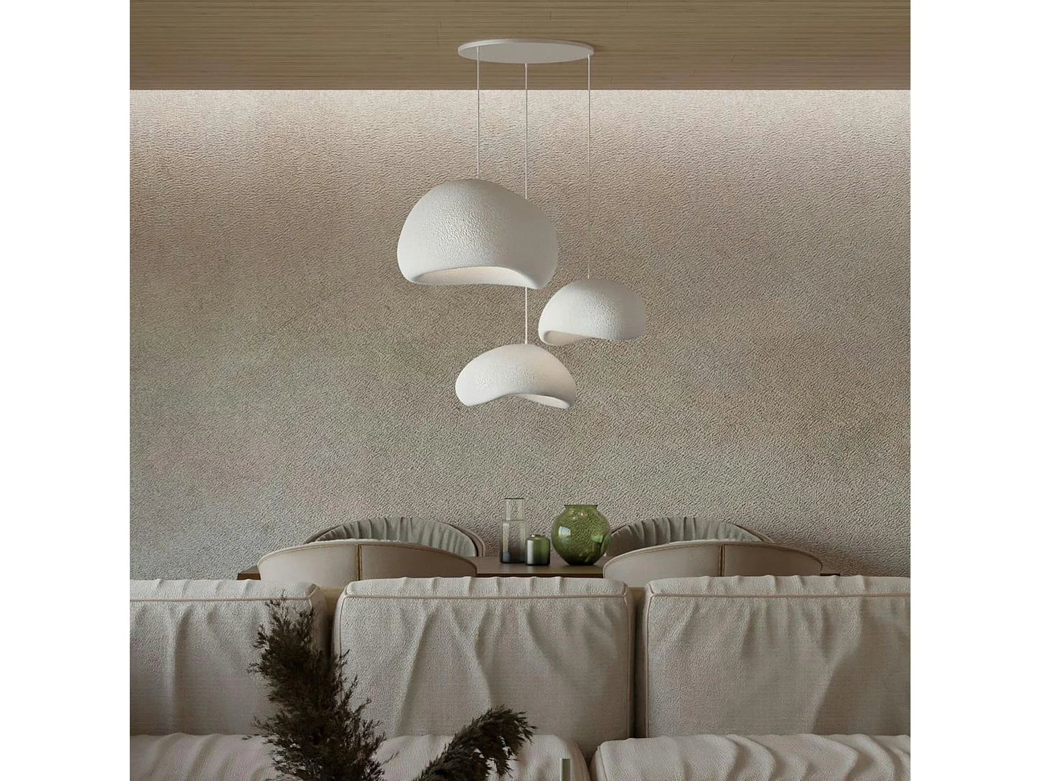 Suspension design blanche 3 abat-jour style wabi-sabi 42 cm NOXIS