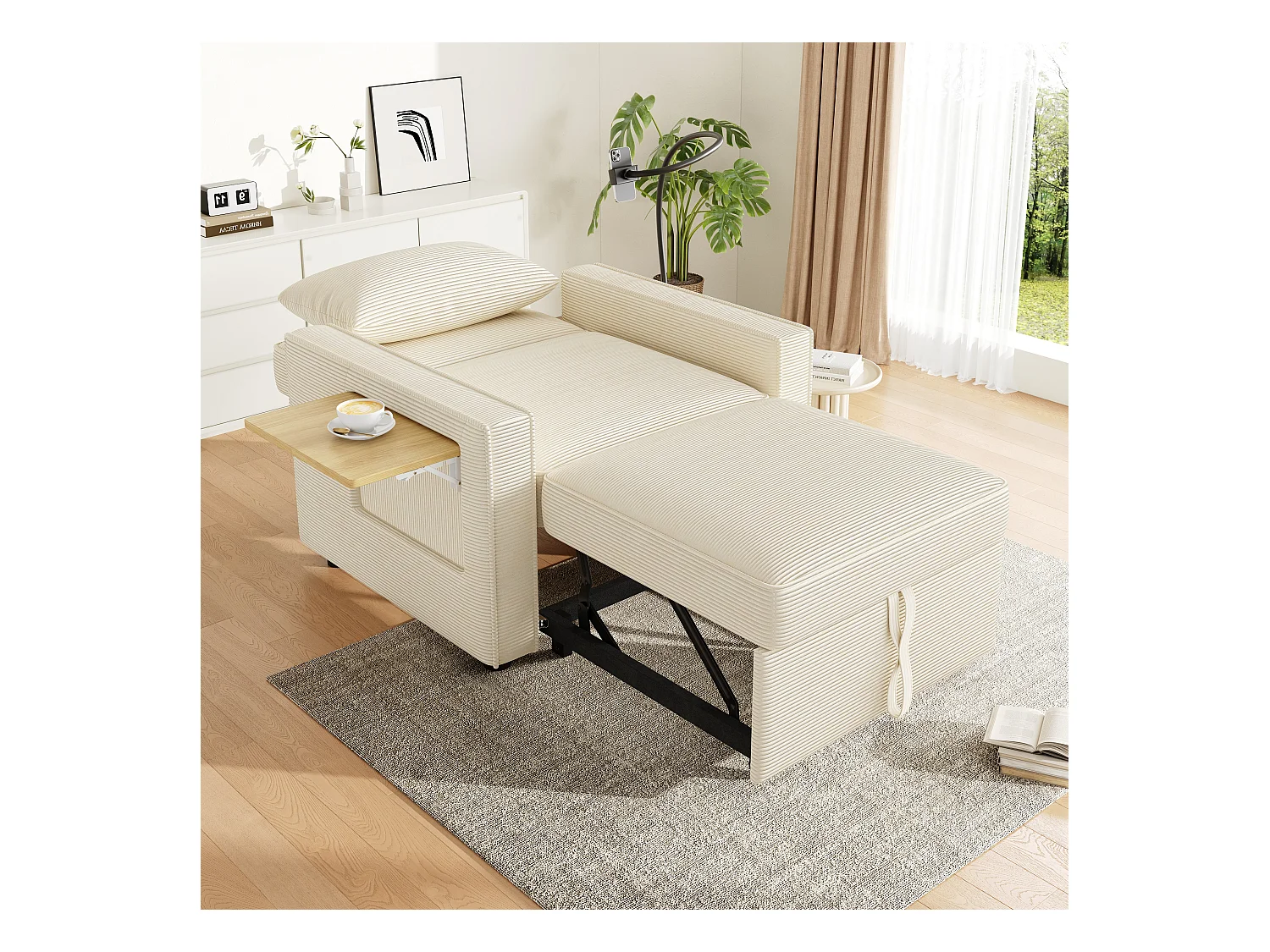 Canapé pliant multifonction - avec ports de charge USB - avec support pour téléphone - Tissu velours côtelé - beige