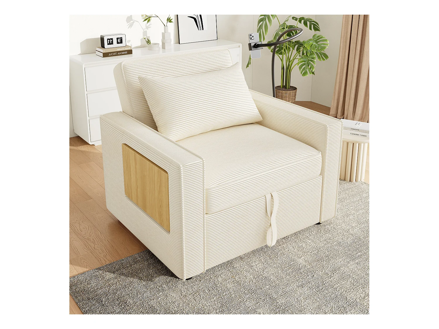 Canapé pliant multifonction - avec ports de charge USB - avec support pour téléphone - Tissu velours côtelé - beige