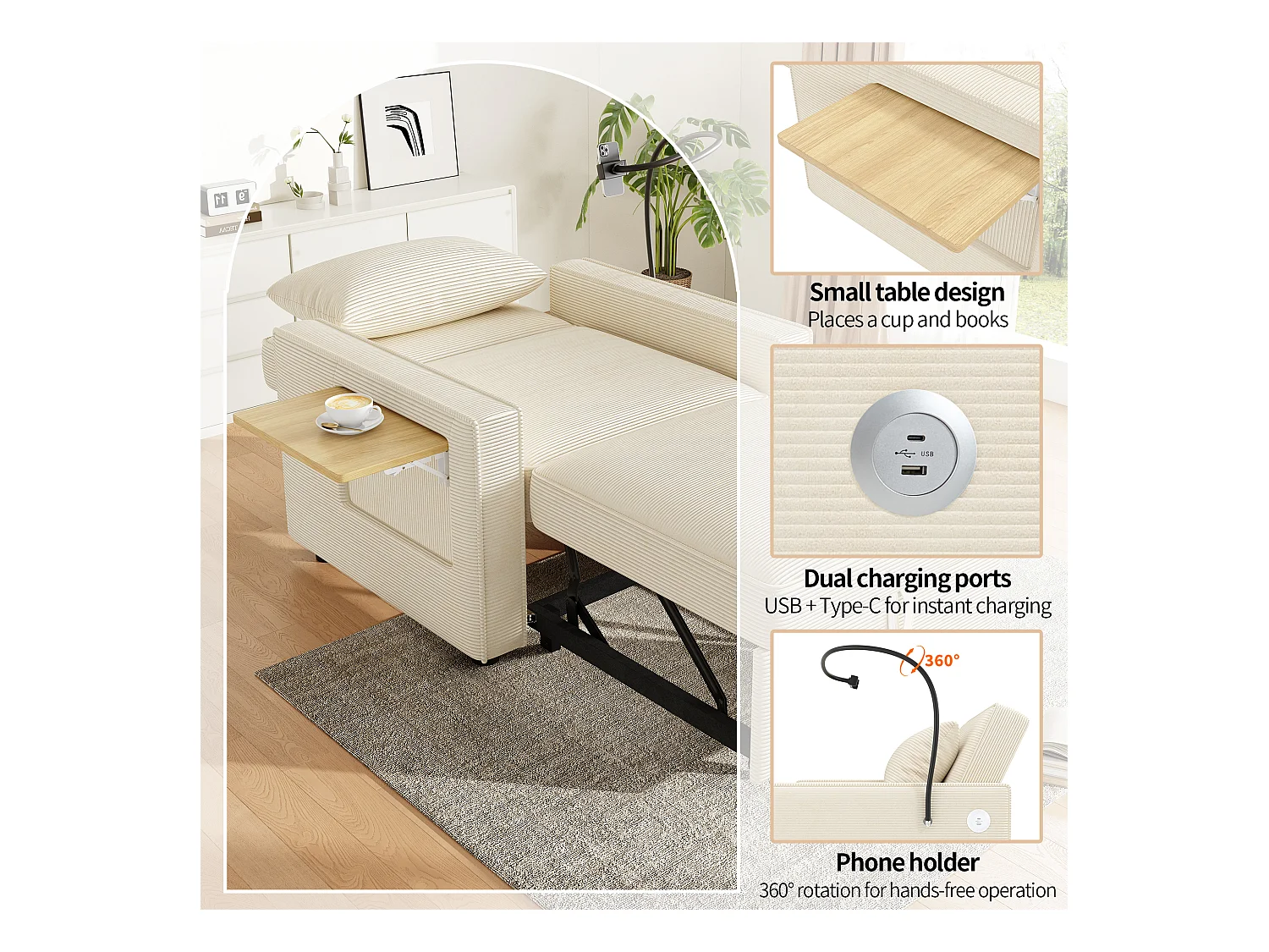 Canapé pliant multifonction - avec ports de charge USB - avec support pour téléphone - Tissu velours côtelé - beige