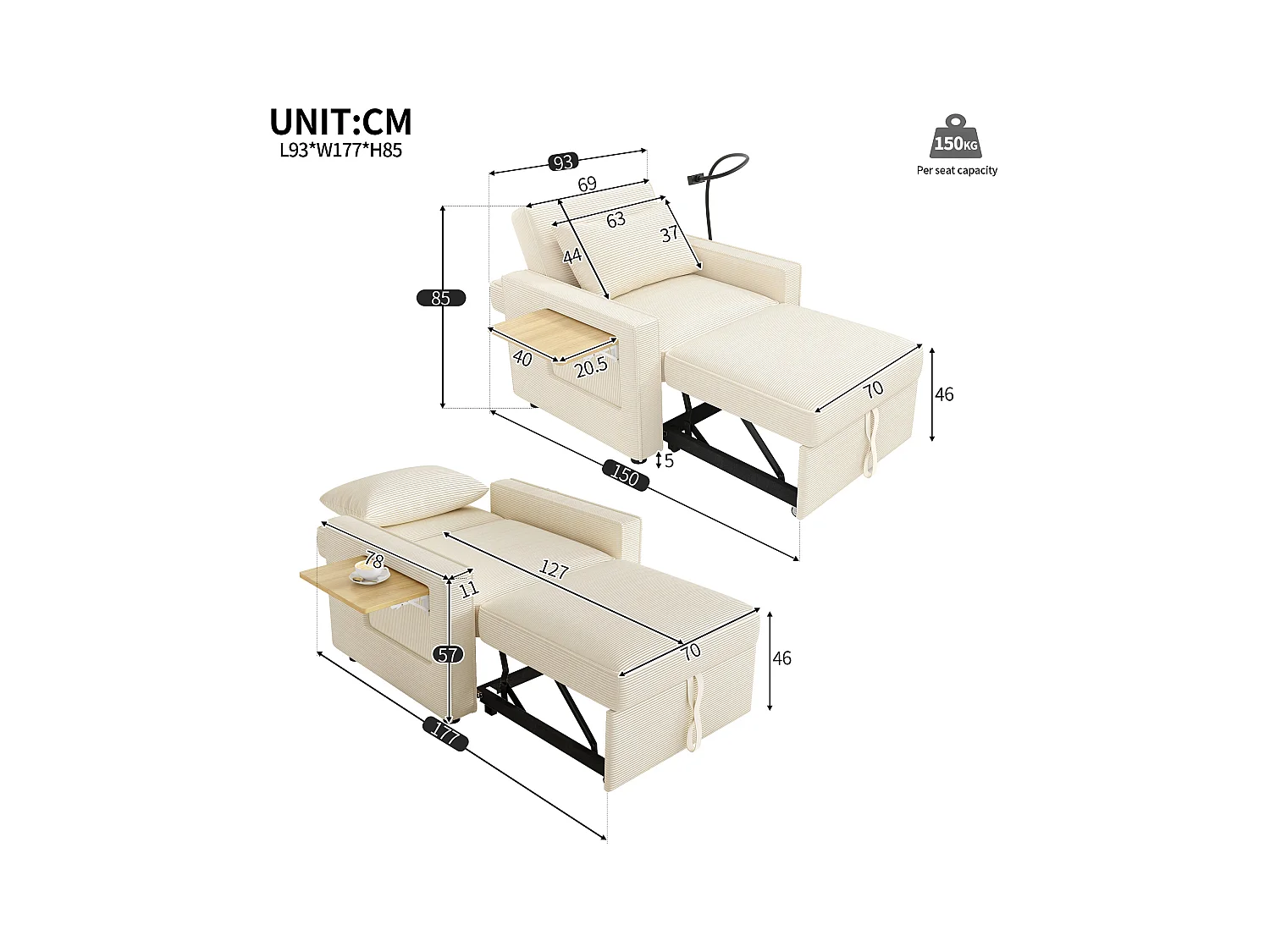 Canapé pliant multifonction - avec ports de charge USB - avec support pour téléphone - Tissu velours côtelé - beige
