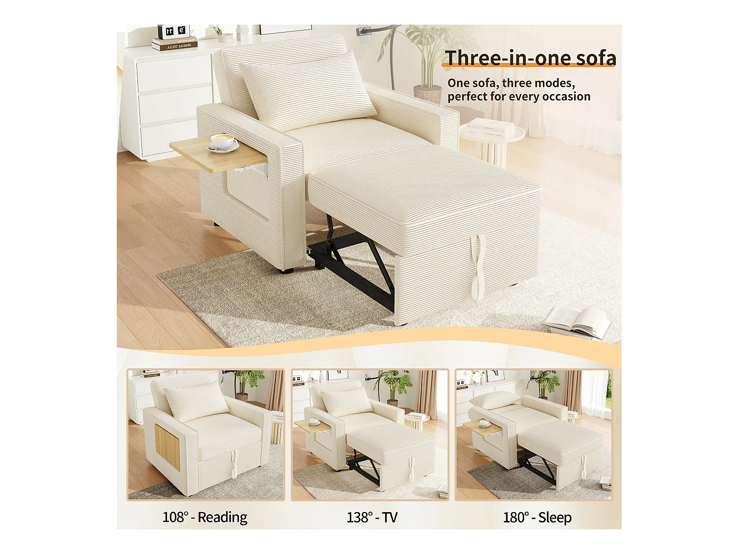 Canapé pliant multifonction - avec ports de charge USB - avec support pour téléphone - Tissu velours côtelé - beige