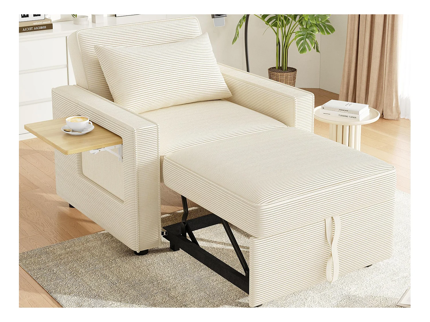 Canapé pliant multifonction - avec ports de charge USB - avec support pour téléphone - Tissu velours côtelé - beige