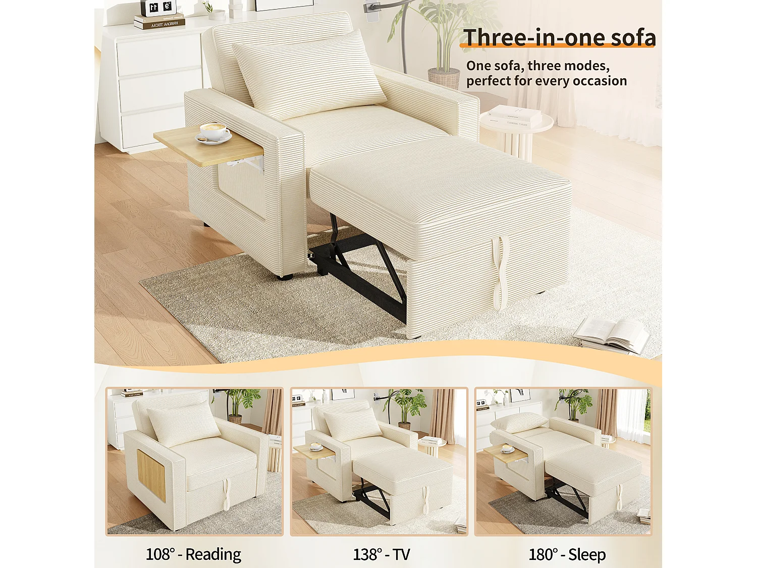 Canapé pliant multifonction - avec ports de charge USB - avec support pour téléphone - Tissu velours côtelé - beige